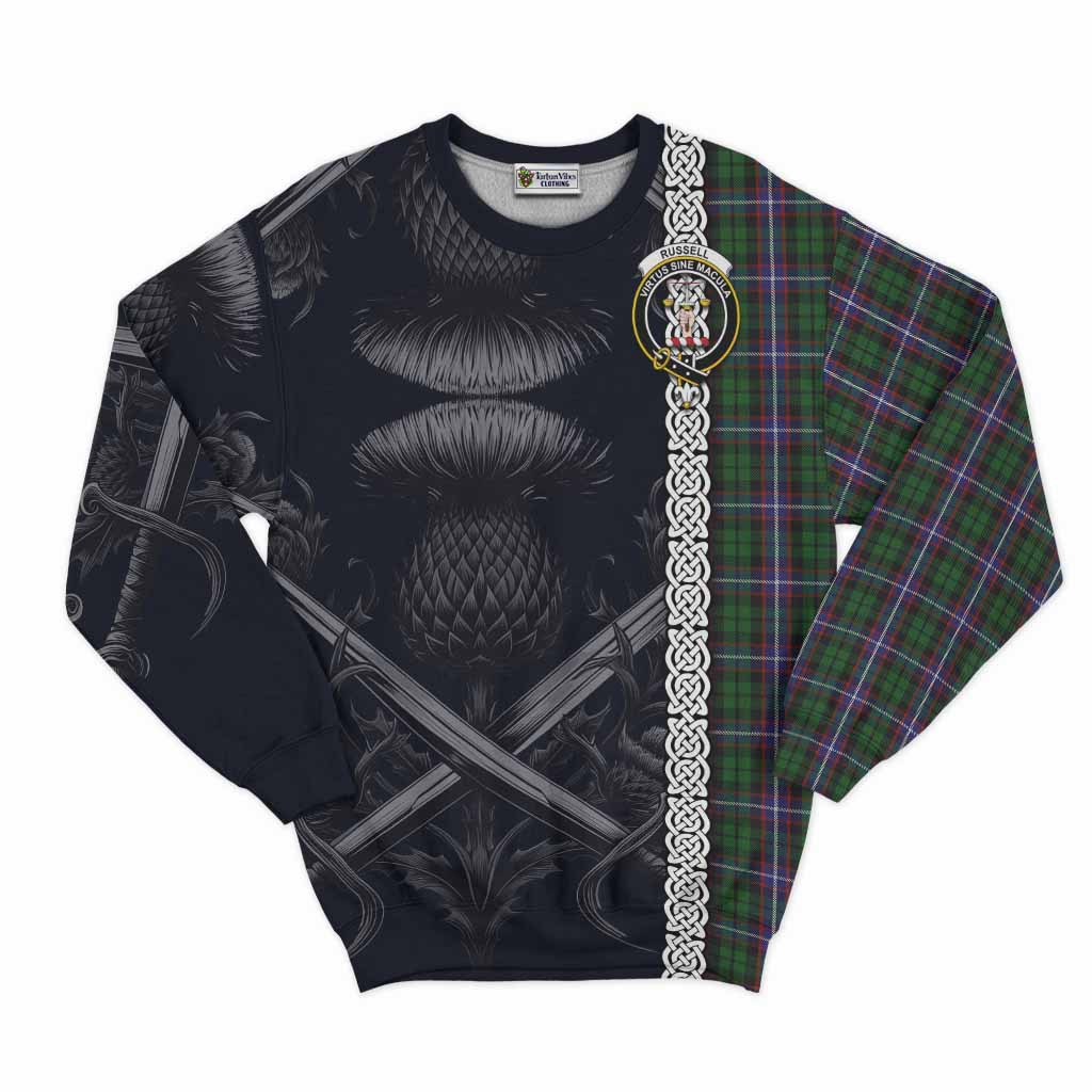 Russell Tartan Sweatshirt with Family Crest Cross Sword Thistle Celtic Vibes Unisex - Tartan Vibes Clothing