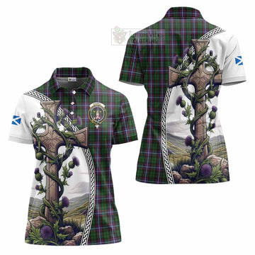 Russell Tartan Women's Polo Shirt with Family Crest and St. Andrew's Cross Accented by Thistle Vines Women - Tartan Vibes Clothing