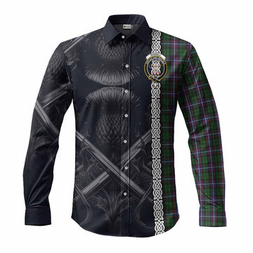 Tartan Vibes Clothing Russell Tartan Long Sleeve Button Shirt with Family Crest Cross Sword Thistle Celtic Vibes