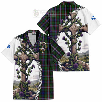 Russell Tartan Hawaiian Shirt with Family Crest and St. Andrew's Cross Accented by Thistle Vines Kid - Tartan Vibes Clothing