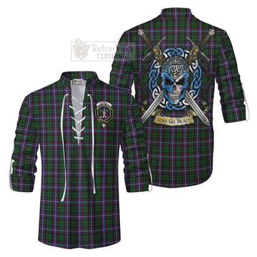 Russell Tartan Ghillie Kilt Shirt with Family Crest Celtic Skull Style Men - Tartan Vibes Clothing