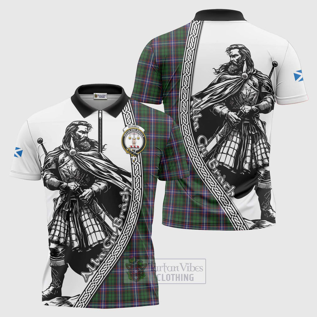 Russell Tartan Clan Crest Zipper Polo Shirt with Highlander Warrior Celtic Style Unisex - Tartan Vibes Clothing
