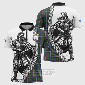 Russell Tartan Clan Crest Zipper Polo Shirt with Highlander Warrior Celtic Style Unisex - Tartan Vibes Clothing