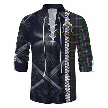 Russell Tartan Ghillie Kilt Shirt with Family Crest Cross Sword Thistle Celtic Vibes Men - Tartan Vibes Clothing