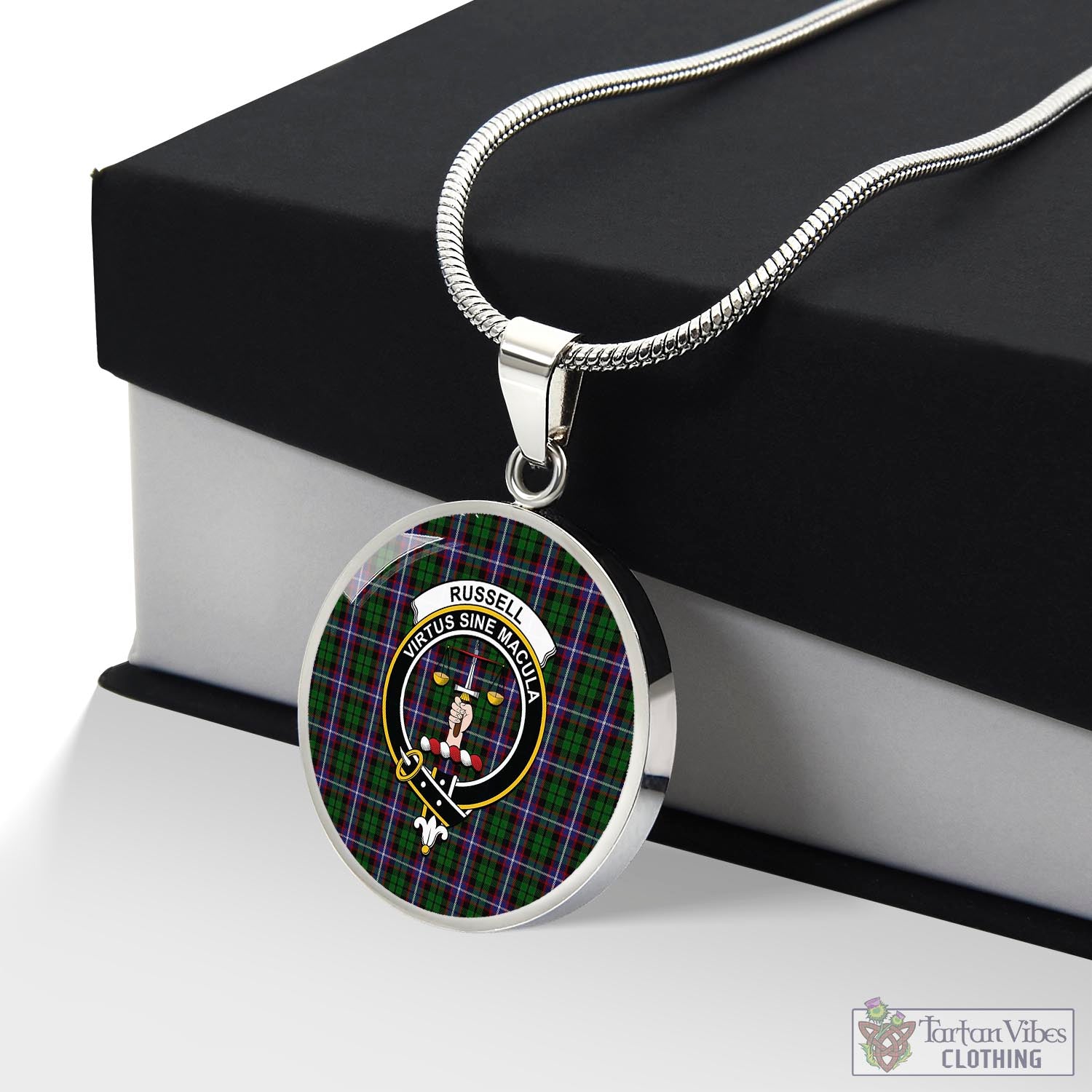 Russell Tartan Circle Necklace with Family Crest Luxury Necklace (Silver) No - Tartan Vibes Clothing