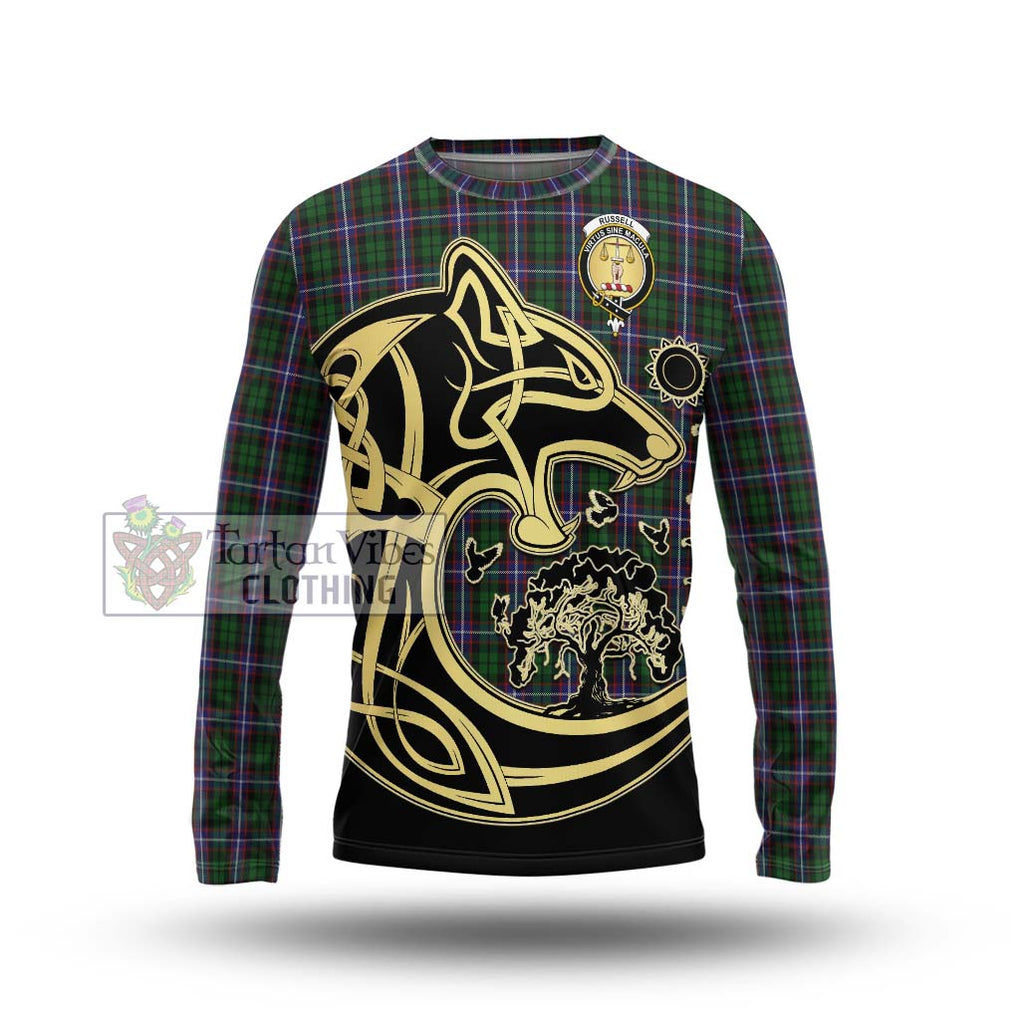 Russell Tartan Long Sleeve T-Shirt with Family Crest Celtic Wolf Style Unisex - Tartan Vibes Clothing