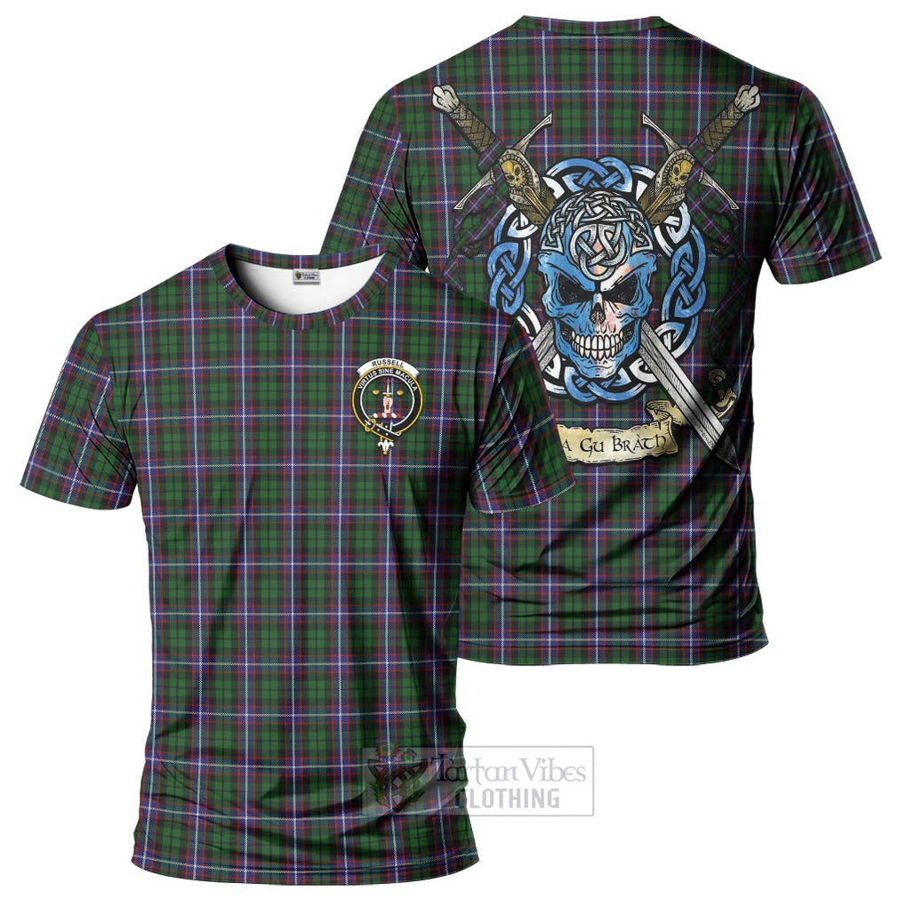 Russell Tartan T-Shirt with Family Crest Celtic Skull Style Kid's Shirt - Tartan Vibes Clothing