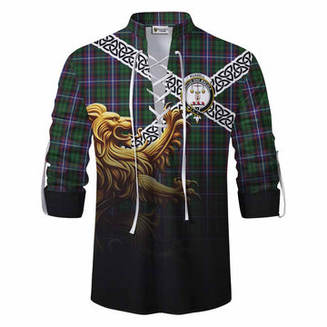 Russell Crest Tartan Ghillie Kilt Shirt with Golden Lion Emblem Celtic Style Men - Tartan Vibes Clothing