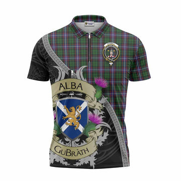 Russell Tartan Family Crest Zipper Polo Shirt Lion Rampant Royal Thistle Shield Celtic Inspired Unisex - Tartan Vibes Clothing