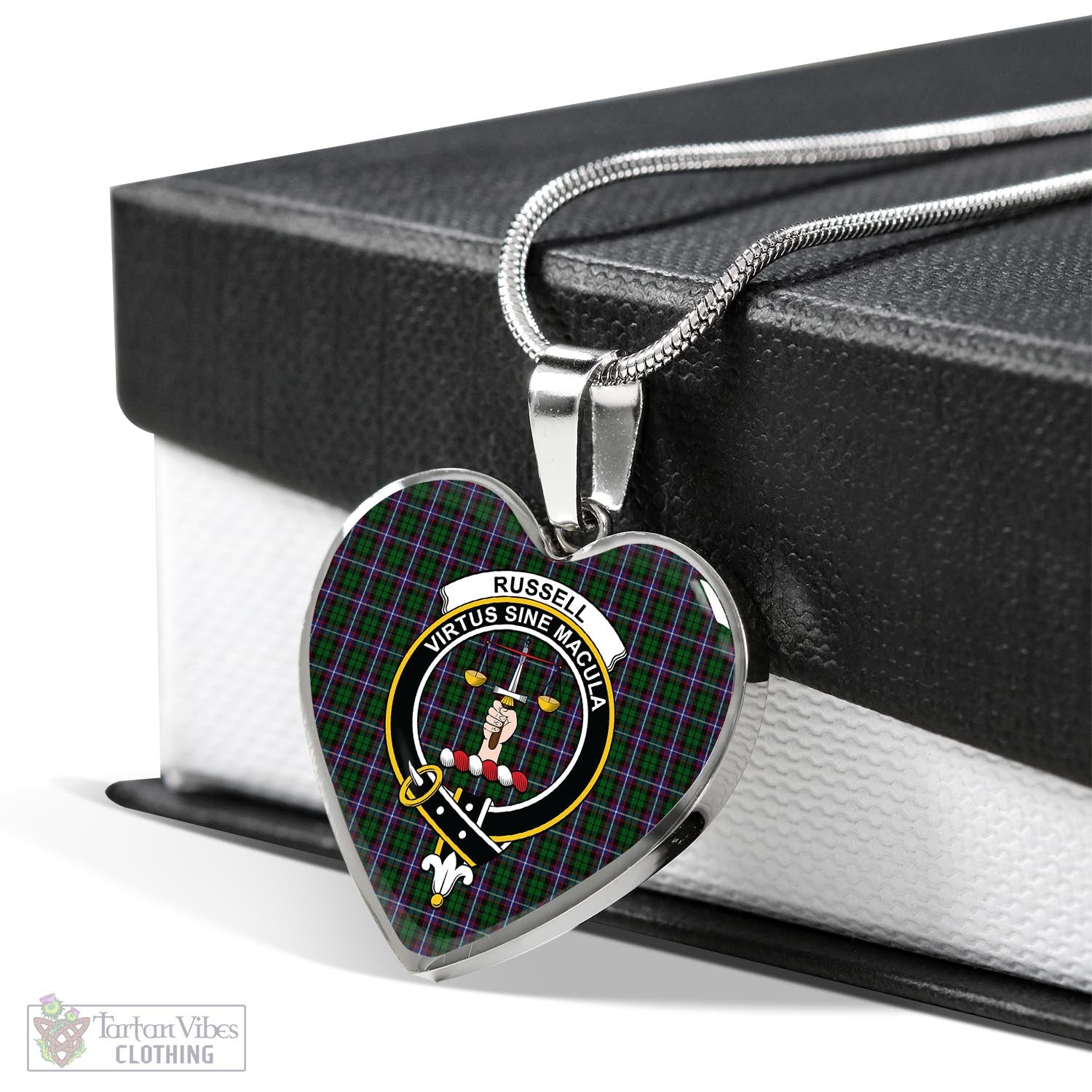 Russell Tartan Heart Necklace with Family Crest Luxury Necklace (Silver) No - Tartan Vibes Clothing