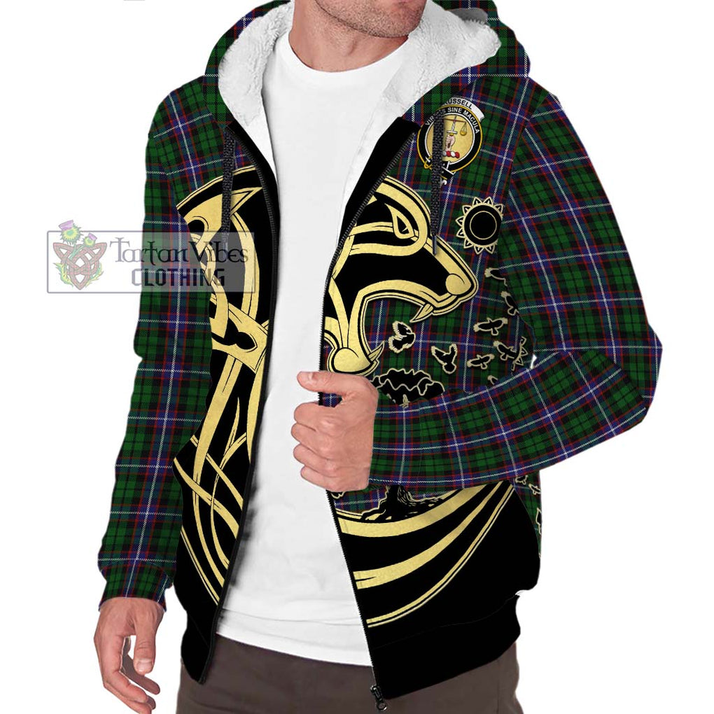 Russell Tartan Sherpa Hoodie with Family Crest Celtic Wolf Style Unisex S - Tartan Vibes Clothing
