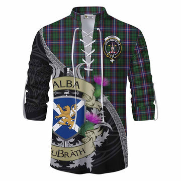 Russell Tartan Family Crest Ghillie Kilt Shirt Lion Rampant Royal Thistle Shield Celtic Inspired Men - Tartan Vibes Clothing