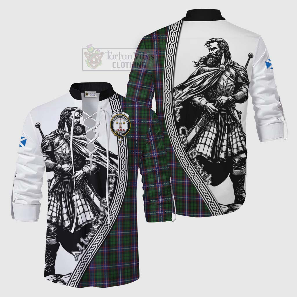 Russell Tartan Clan Crest Ghillie Kilt Shirt with Highlander Warrior Celtic Style Men - Tartan Vibes Clothing