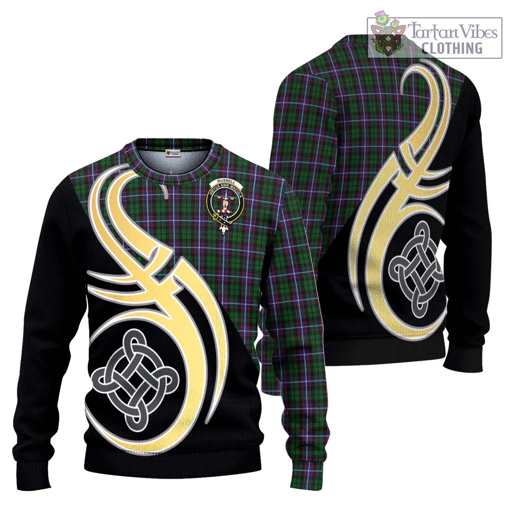 Russell Tartan Ugly Sweater with Family Crest and Celtic Symbol Style Unisex - Tartan Vibes Clothing