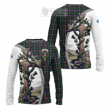Russell Tartan Long Sleeve T-Shirt with Family Crest and St. Andrew's Cross Accented by Thistle Vines Unisex - Tartan Vibes Clothing