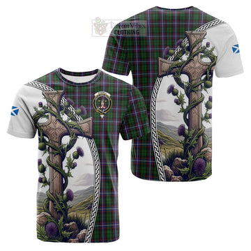 Russell Tartan Cotton T-shirt with Family Crest and St. Andrew's Cross Accented by Thistle Vines Kid's Shirt - Tartan Vibes Clothing