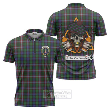 Russell Tartan Zipper Polo Shirt with Family Crest and Bearded Skull Holding Bottles of Whiskey Unisex - Tartan Vibes Clothing