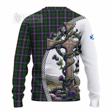 Russell Tartan Knitted Sweater with Family Crest and St. Andrew's Cross Accented by Thistle Vines - Tartan Vibes Clothing