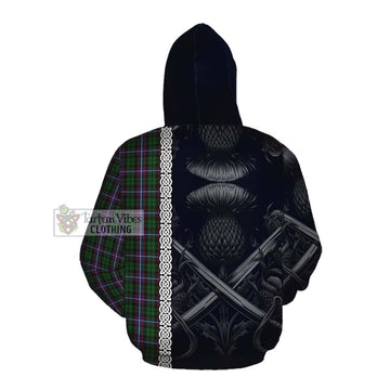 Russell Tartan Cotton Hoodie with Family Crest Cross Sword Thistle Celtic Vibes Pullover Hoodie - Tartan Vibes Clothing