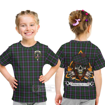 Russell Tartan Kid T-Shirt with Family Crest and Bearded Skull Holding Bottles of Whiskey - Tartan Vibes Clothing