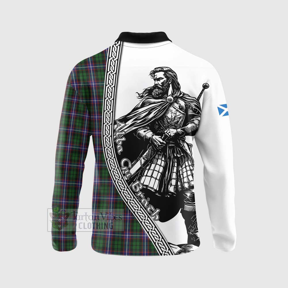 Russell Tartan Clan Crest Long Sleeve Polo Shirt with Highlander Warrior Celtic Style - Tartan Vibes Clothing