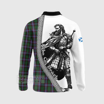 Russell Tartan Clan Crest Long Sleeve Polo Shirt with Highlander Warrior Celtic Style - Tartan Vibes Clothing