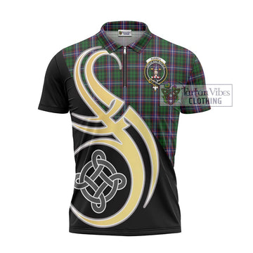 Russell Tartan Zipper Polo Shirt with Family Crest and Celtic Symbol Style - Tartan Vibes Clothing