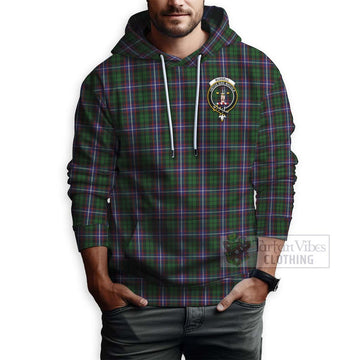 Russell Tartan Hoodie with Family Crest and Bearded Skull Holding Bottles of Whiskey - Tartan Vibes Clothing