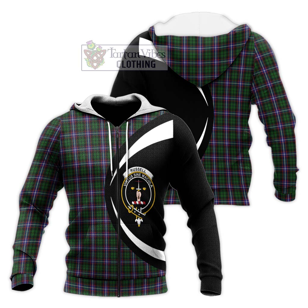Russell Tartan Knitted Hoodie with Family Crest Circle Style Unisex Knitted Zip Hoodie - Tartan Vibes Clothing