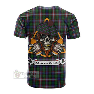 Russell Tartan Cotton T-shirt with Family Crest and Bearded Skull Holding Bottles of Whiskey - Tartan Vibes Clothing