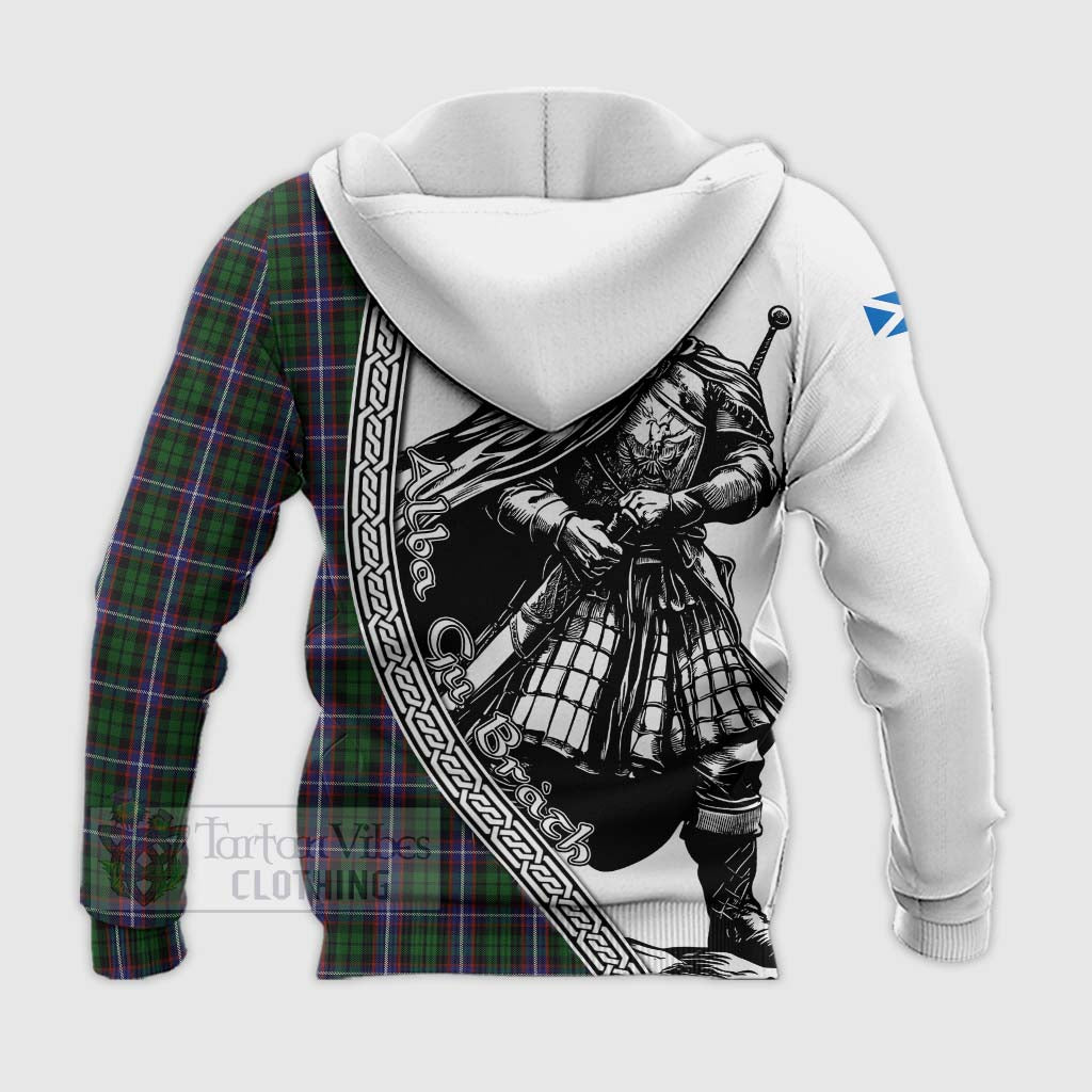 Russell Tartan Clan Crest Knitted Hoodie with Highlander Warrior Celtic Style - Tartan Vibes Clothing