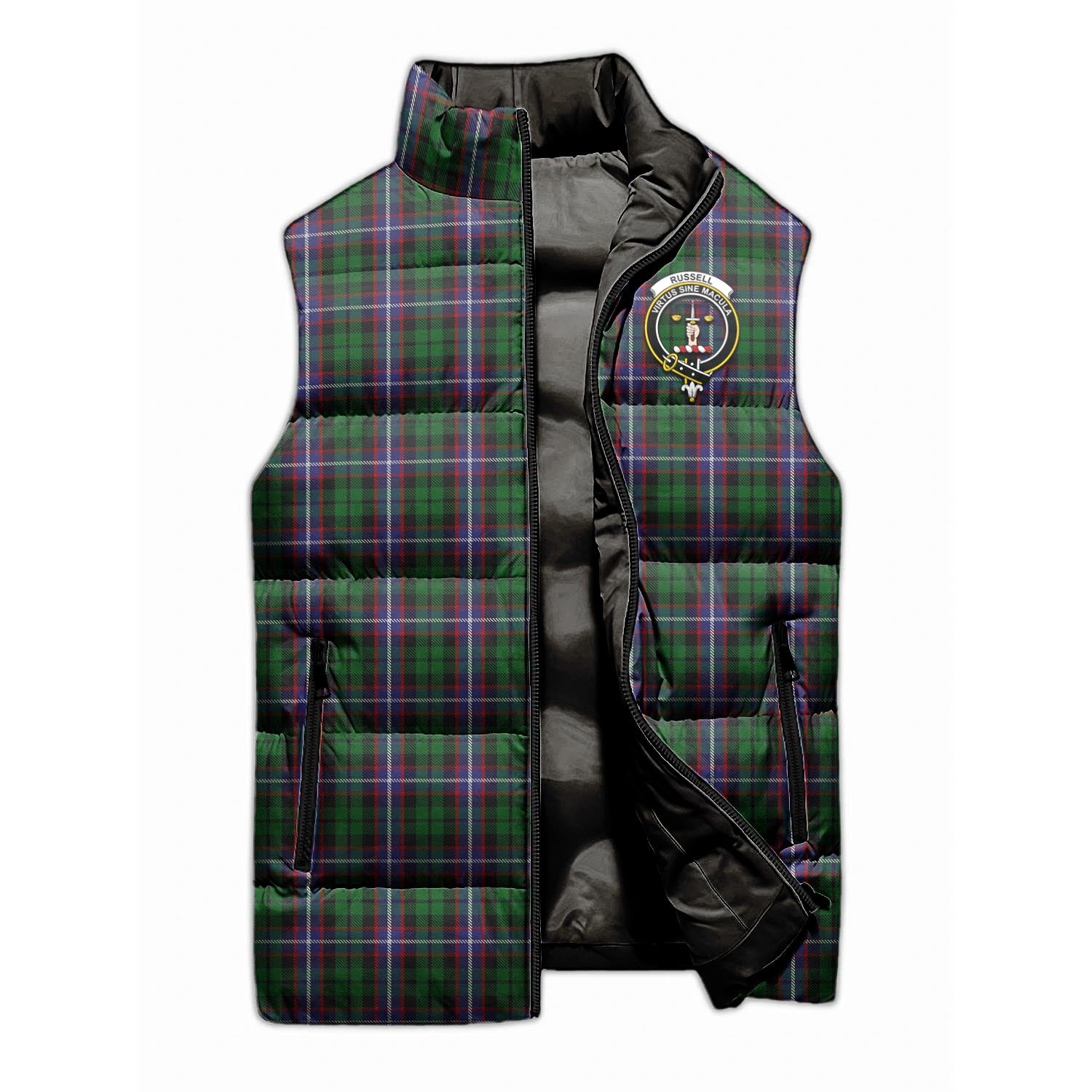 Russell Tartan Sleeveless Puffer Jacket with Family Crest - Tartan Vibes Clothing