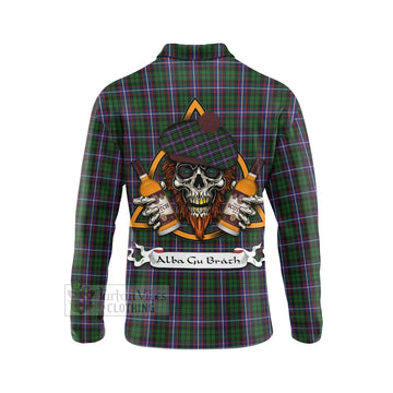 Russell Tartan Long Sleeve Polo Shirt with Family Crest and Bearded Skull Holding Bottles of Whiskey - Tartan Vibes Clothing