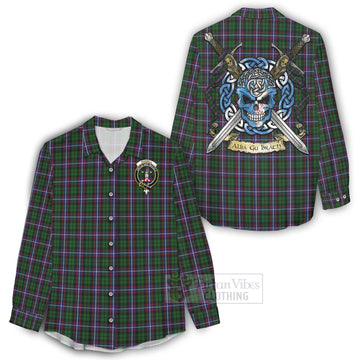 Russell Tartan Women's Casual Shirt with Family Crest Celtic Skull Style - Tartan Vibes Clothing