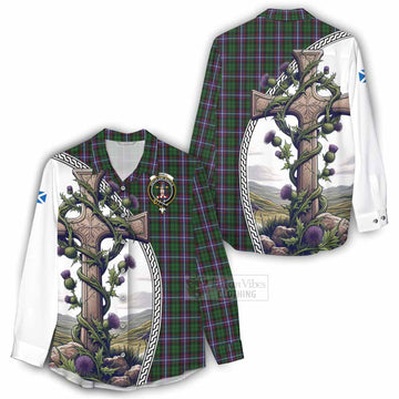 Russell Tartan Women's Casual Shirt with Family Crest and St. Andrew's Cross Accented by Thistle Vines - Tartan Vibes Clothing