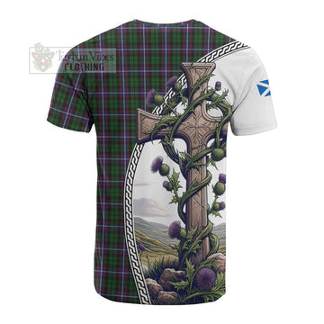 Russell Tartan Cotton T-shirt with Family Crest and St. Andrew's Cross Accented by Thistle Vines - Tartan Vibes Clothing