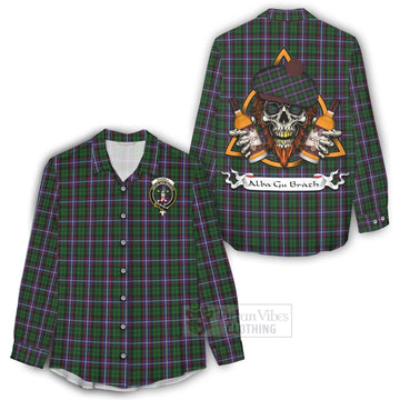 Russell Tartan Women's Casual Shirt with Family Crest and Bearded Skull Holding Bottles of Whiskey - Tartan Vibes Clothing