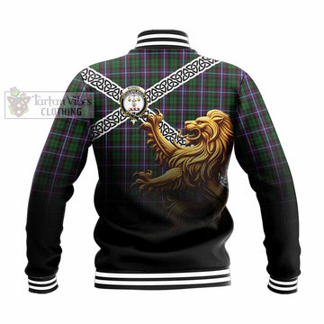 Tartan Vibes Clothing Russell Crest Tartan Baseball Jacket with Golden Lion Emblem Celtic Style