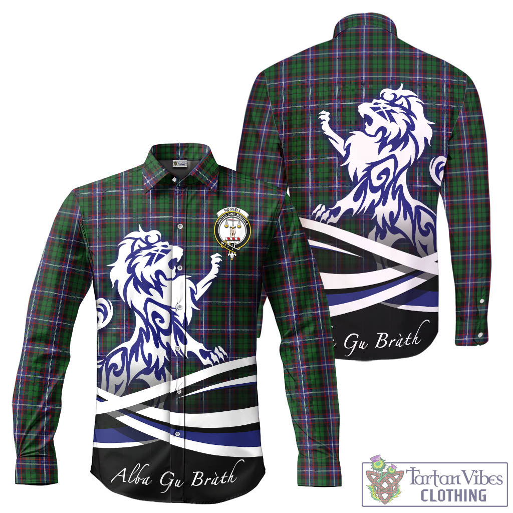 Russell Tartan Long Sleeve Button Up Shirt with Alba Gu Brath Regal Lion Emblem - Tartan Vibes Clothing