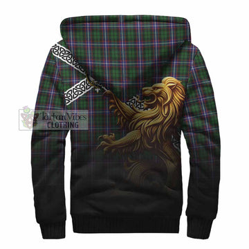 Tartan Vibes Clothing Russell Crest Tartan Sherpa Hoodie with Golden Lion Emblem Celtic Style