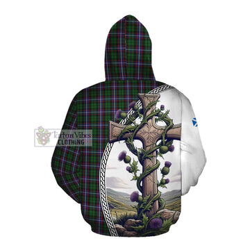 Tartan Vibes Clothing Russell Tartan Cotton Hoodie with Family Crest and St. Andrew's Cross Accented by Thistle Vines