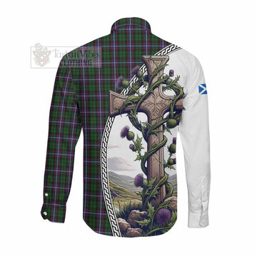 Russell Tartan Long Sleeve Button Shirt with Family Crest and St. Andrew's Cross Accented by Thistle Vines Men's Shirt - Tartan Vibes Clothing