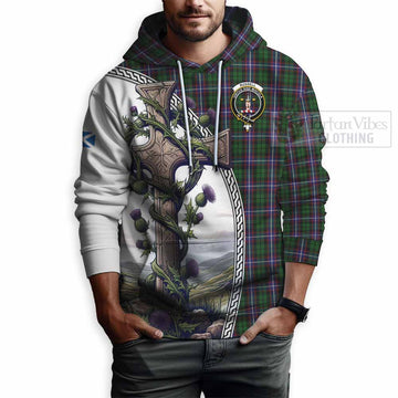 Russell Tartan Hoodie with Family Crest and St. Andrew's Cross Accented by Thistle Vines - Tartan Vibes Clothing