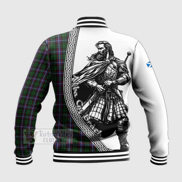 Russell Tartan Clan Crest Baseball Jacket with Highlander Warrior Celtic Style - Tartan Vibes Clothing