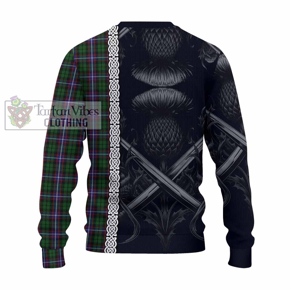 Russell Tartan Knitted Sweater with Family Crest Cross Sword Thistle Celtic Vibes - Tartan Vibes Clothing
