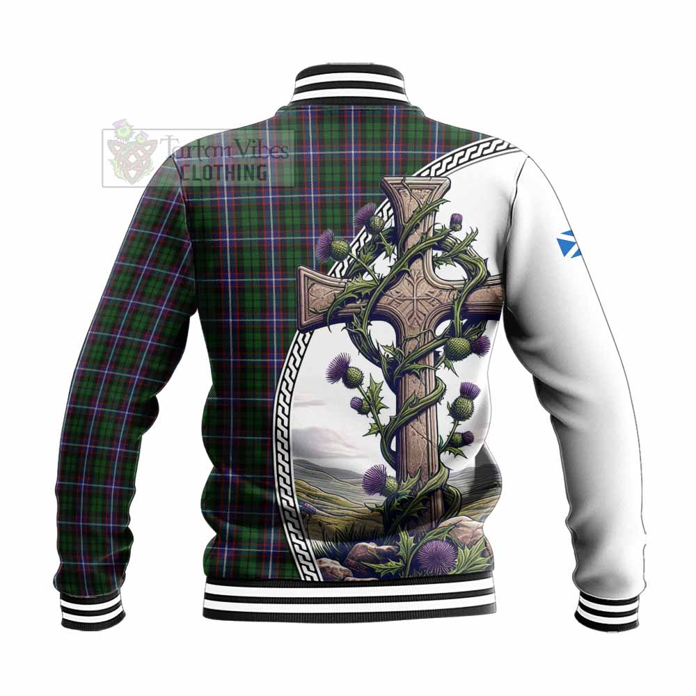 Russell Tartan Baseball Jacket with Family Crest and St. Andrew's Cross Accented by Thistle Vines - Tartan Vibes Clothing