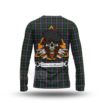 Russell Tartan Long Sleeve T-Shirt with Family Crest and Bearded Skull Holding Bottles of Whiskey - Tartan Vibes Clothing