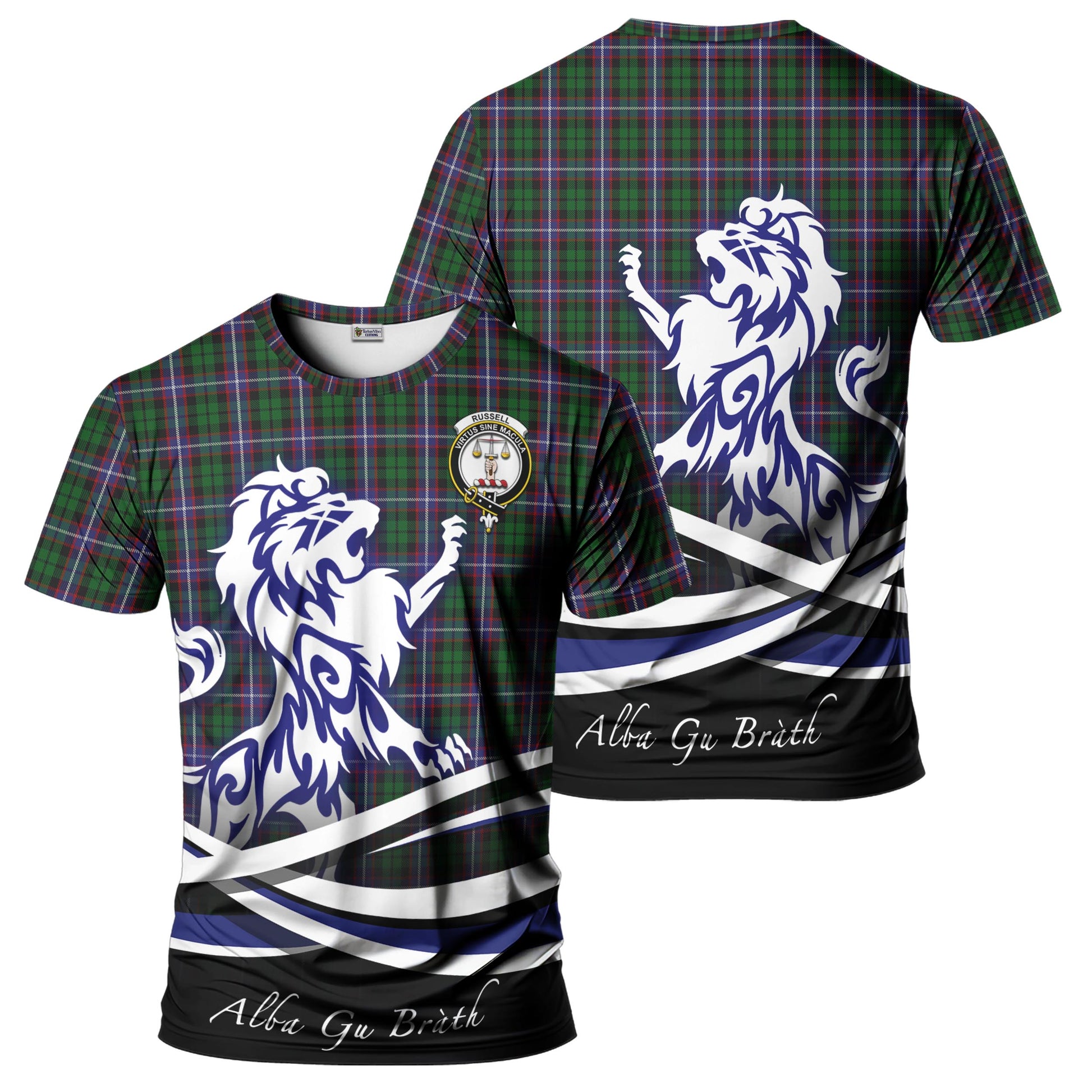Russell Tartan T-Shirt with Alba Gu Brath Regal Lion Emblem - Tartan Vibes Clothing