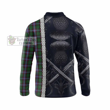 Russell Tartan Long Sleeve Polo Shirt with Family Crest Cross Sword Thistle Celtic Vibes - Tartan Vibes Clothing
