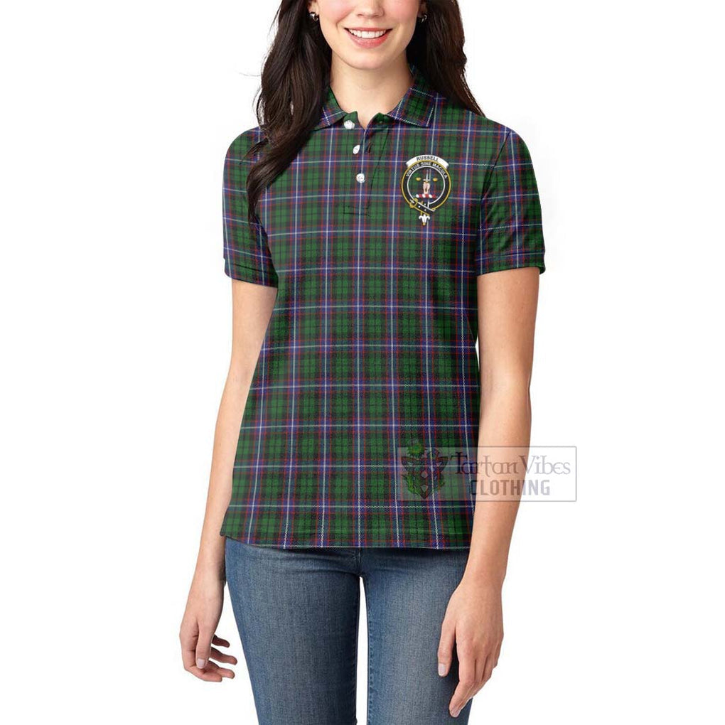 Russell Tartan Women's Polo Shirt with Family Crest Celtic Skull Style - Tartan Vibes Clothing